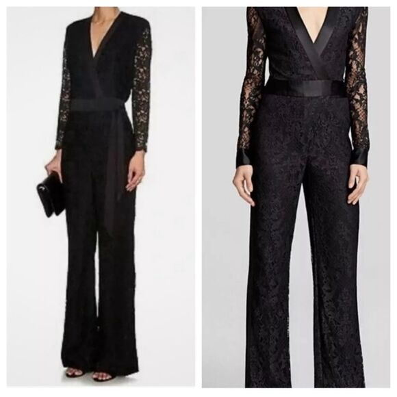 DIANE VON FURSTENBERG DVF Jumpsuit 4 Black Lace Long Sheer Sleeve Wrap Belted - Picture 1 of 10